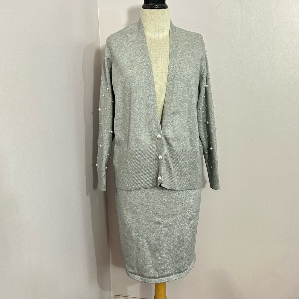 Monroe & Main Silver Sweater Skirt Suit 0X